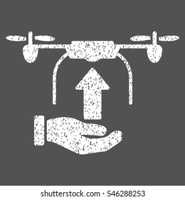 Send Drone Hand grainy textured icon for overlay watermark stamps. Flat symbol with dirty texture. Dotted vector white ink rubber seal stamp with grunge design on a gray background.