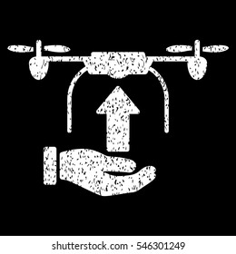 Send Drone Hand grainy textured icon for overlay watermark stamps. Flat symbol with unclean texture. Dotted vector white ink rubber seal stamp with grunge design on a black background.