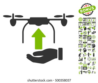 Send Drone Hand icon with bonus calendar and time service pictograms. Vector illustration style is flat iconic symbols, eco green and gray colors, white background.