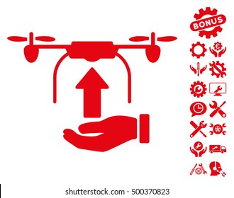 Send Drone Hand icon with bonus settings clip art. Vector illustration style is flat iconic symbols, red color, white background.
