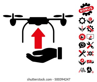Send Drone Hand icon with bonus service clip art. Vector illustration style is flat iconic symbols, intensive red and black colors, white background.
