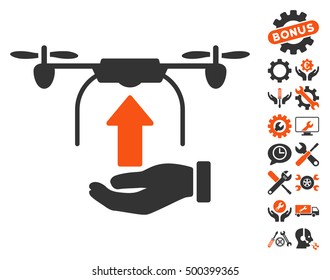 Send Drone Hand icon with bonus options clip art. Vector illustration style is flat iconic symbols, orange and gray colors, white background.