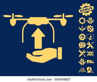 Send Drone Hand icon with bonus setup tools pictures. Vector illustration style is flat iconic symbols, yellow color, blue background.