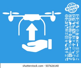 Send Drone Hand icon with bonus calendar and time service design elements. Vector illustration style is flat iconic symbols, white color, blue background.