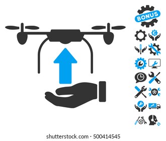 Send Drone Hand pictograph with bonus service icon set. Vector illustration style is flat iconic symbols, blue and gray colors, white background.