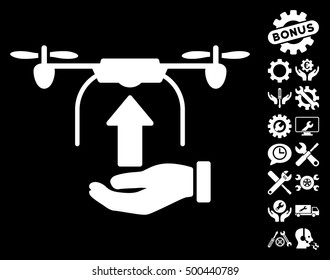 Send Drone Hand pictograph with bonus tools images. Vector illustration style is flat iconic symbols, white color, black background.