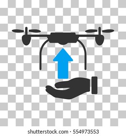 Send Drone Hand vector pictogram. Illustration style is flat iconic bicolor blue and gray symbol on a transparent background.