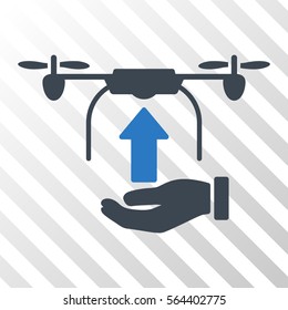 Send Drone Hand vector pictograph. Illustration style is flat iconic bicolor smooth blue symbol on a hatched transparent background.