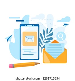 Send email. Concept of the call, address book, note book. Contact us icon. Sent email icon on the mobile phone screen. Modern flat vector illustration concept, isolated on white background. 