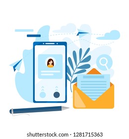 Send email. Concept of the call, address book, note book. Contact us icon. Сontact icon on the mobile phone screen. Modern flat vector illustration concept, isolated on white background. 