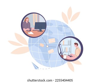 Send e-mail concept. Remote distance work, freelancers collaboration. Office people worldwide communication, digital talk vector scene