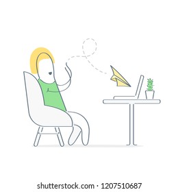 Send Email, cute cartoon character sitting in a cozy chair and throws a paper airplane to the laptop. Inbox Electronic communication, e-mail marketing, advertising. Outline vector illustration.