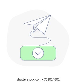 Envie e-mail, carta ou subscreva o conceito vetorial da newsletter. Botão verde com marca de seleção e avião de papel partida. Conceito de ilustração de linha plana de e-mail marketing. Elemento UX /UI para design.