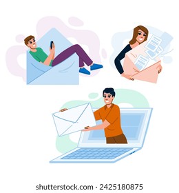 enviar correo electrónico marketing newsletter vector. negocio digital, tecnología web, información de internet enviar correo electrónico marketing newsletter personaje. personas ilustración de dibujos animados plana
