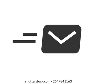 Send email message fast icon solid bold simple graphic illustration, black white receive quick speed postal mail delivery envelope flying
