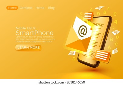 Send an email, message smartphone mobile screen, technology mobile display light. Vector illustration