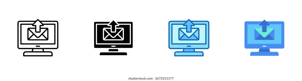 Enviar correo electrónico Vector de diseño de hojas de íconos de estilos múltiples en línea - Pantalla de computadora con sobre saliente, que representa el envío de correo electrónico basado en Web