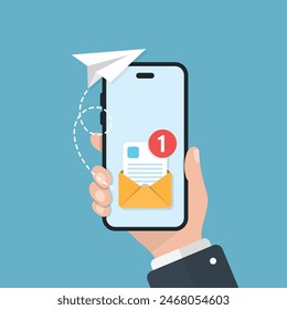 Send email from smartphone in hand icon in flat style. Paper plane vector illustration on isolated background. Message transfer sign business concept.