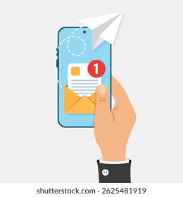 Send email from smartphone in hand icon in flat style. Paper plane vector illustration on isolated background. Message transfer sign business concept.