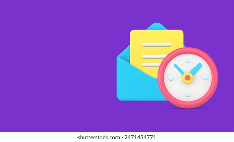 Send email time notification with timer alarm clock 3d vector illustration. Texting message letter blank with open envelope delivery postage mail alert application chat report online web communication
