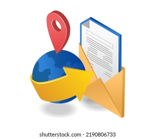 Send email worldwide in isometric and flat illustration