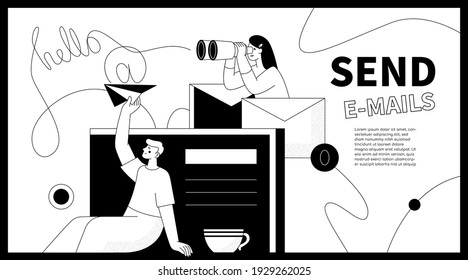 Send emails - modern flat design style web banner with line elements and copy space for text. Digital marketing and promotion. A colorful composition with a business team sending letters, saying hello