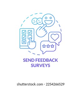 Icono de concepto de gradiente azul enviar encuestas de retroalimentación. Experiencia de invitado. Incremento de la asistencia a reuniones de negocios idea abstracta ilustración de línea delgada. Dibujo de contorno aislado. Se usa una fuente Myriad Pro-Bold