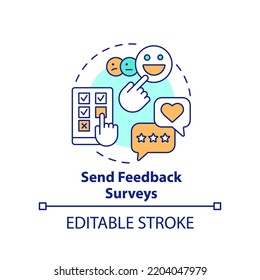 Send feedback surveys concept icon. Increasing business meeting attendance abstract idea thin line illustration. Isolated outline drawing. Editable stroke. Arial, Myriad Pro-Bold fonts used