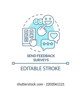 Send feedback surveys turquoise concept icon. Increasing business meeting attendance abstract idea thin line illustration. Isolated outline drawing. Editable stroke. Arial, Myriad Pro-Bold fonts used