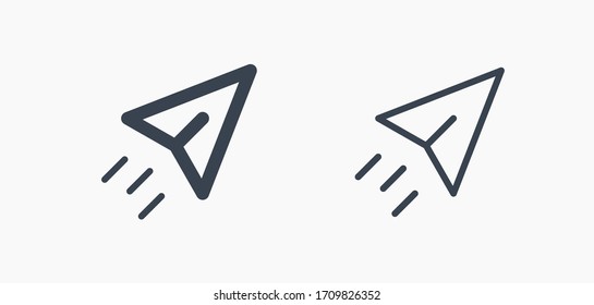 Send fly line vector minimalistic icon. Letter mail vector symbol. Plane origami send icons set for web design. Modern flat paper air icon for app design. Newsletter sign minimal flat linear set icons
