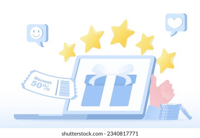 Send gift boxes, discount, voucher to customer vie computer. Birthday surprise, prizes, reward, loyalty program, discount, voucher, special promotion. Flat vector design illustration.