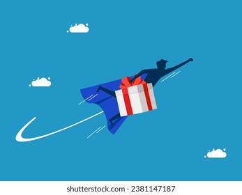 Envíe un regalo. un héroe sostiene una caja de regalo vuela en el cielo. Vector