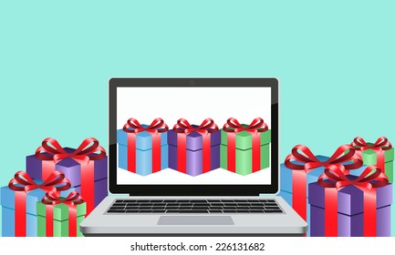 Send gifts on-line through the Internet in a box with ribbon 