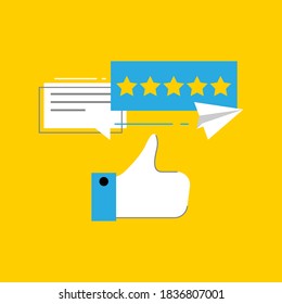 send and give feedback concept illustration flat design vector with five star and hand thumb up. line art style