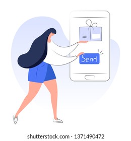 Send goods, purchase, order package from online store to the customer via smartphone. E-commerce office employee puts a box in the phone screen. Modern flat outline vector illustration.