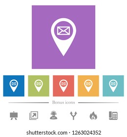 Send GPS map location as email flat white icons in square backgrounds. 6 bonus icons included.