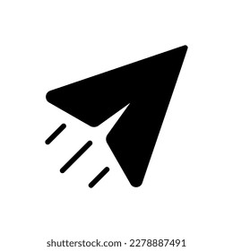 Symbol in Form eines Papierflugzeugs senden, das mit Luftstreifen im schwarzfesten Stil fliegt