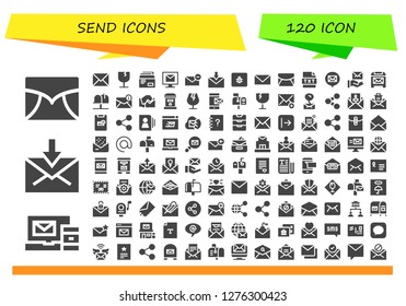  send icon set. 120 filled send icons. Simple modern icons about  - Email, Mail, Fragile, Envelope, Spam, Text, Mailbox, Message, Share, Invitation, Contact, Mailing, Contacts