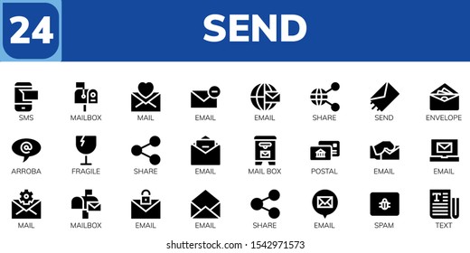 send icon set. 24 filled send icons.  Simple modern icons about  - Sms, Mailbox, Mail, Email, Share, Send, Envelope, Arroba, Fragile, Mail box, Postal, Spam, Text
