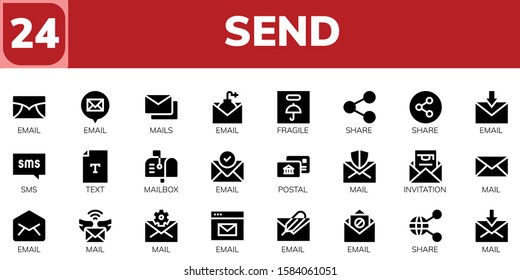 send icon set. 24 filled send icons.  Collection Of - Email, Mails, Fragile, Share, Sms, Text, Mailbox, Postal, Mail, Invitation icons