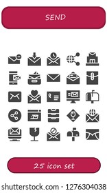  send icon set. 25 filled send icons. Simple modern icons about  - Email, Mail, Share, Post office, Message, Inbox, Envelope, Mailbox, Mailing, Fragile