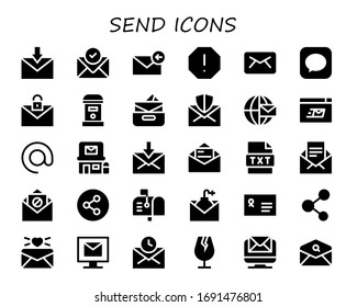 send icon set. 30 filled send icons.  Simple modern icons such as: Email, Spam, Message, Mailbox, Inbox, Mail, Mailing, Arroba, Post office, Text, Share, Envelope, Fragile