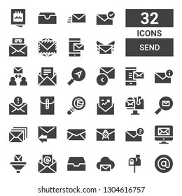 send icon set. Collection of 32 filled send icons included Arroba, Letterbox, Email, Inbox, Mail, Mail box, Envelope, Search mail, Reply, Message, Invitation