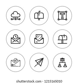 Send icon set. collection of 9 outline send icons with data sharing, email, invitation, mail, mailbox, message, sharing icons. editable icons.