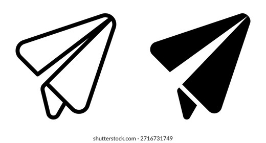 Conjunto de ícones Enviar. Um ícone simples de ilustração de um plano de papel, adequado para representar os conceitos de comunicação, transporte ou design minimalista. Disponível nos estilos de preto sólido e linear.