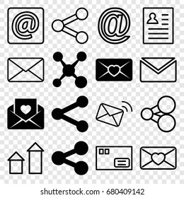 Send icons set. set of 16 send filled and outline icons such as love letter, share, arrow up, at email, mail, parcel, resume