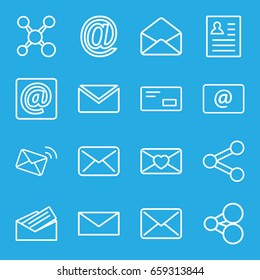 Send icons set. set of 16 send outline icons such as mail, love letter, envelope, email, at email, letter, envelop, resume, share