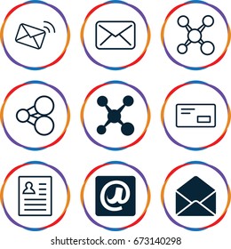 Send icons set. set of 9 send filled and outline icons such as envelope, at email, share, envelop, mail