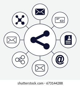 Send icons set. set of 9 send filled and outline icons such as resume, mail, share, envelop