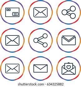 Send icons set. set of 9 send outline icons such as mail, love letter, parcel